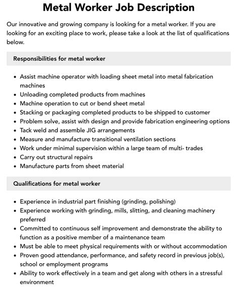 sheet metal worker job description for resume|sheet metal journeyman job description.